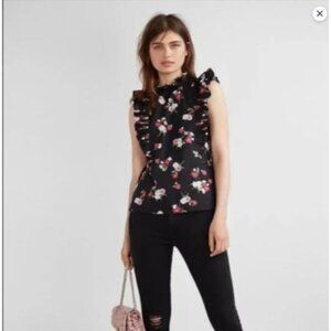 Express Floral Ruffle Sleeveless Top Black Pink & White Flowers Size Large new